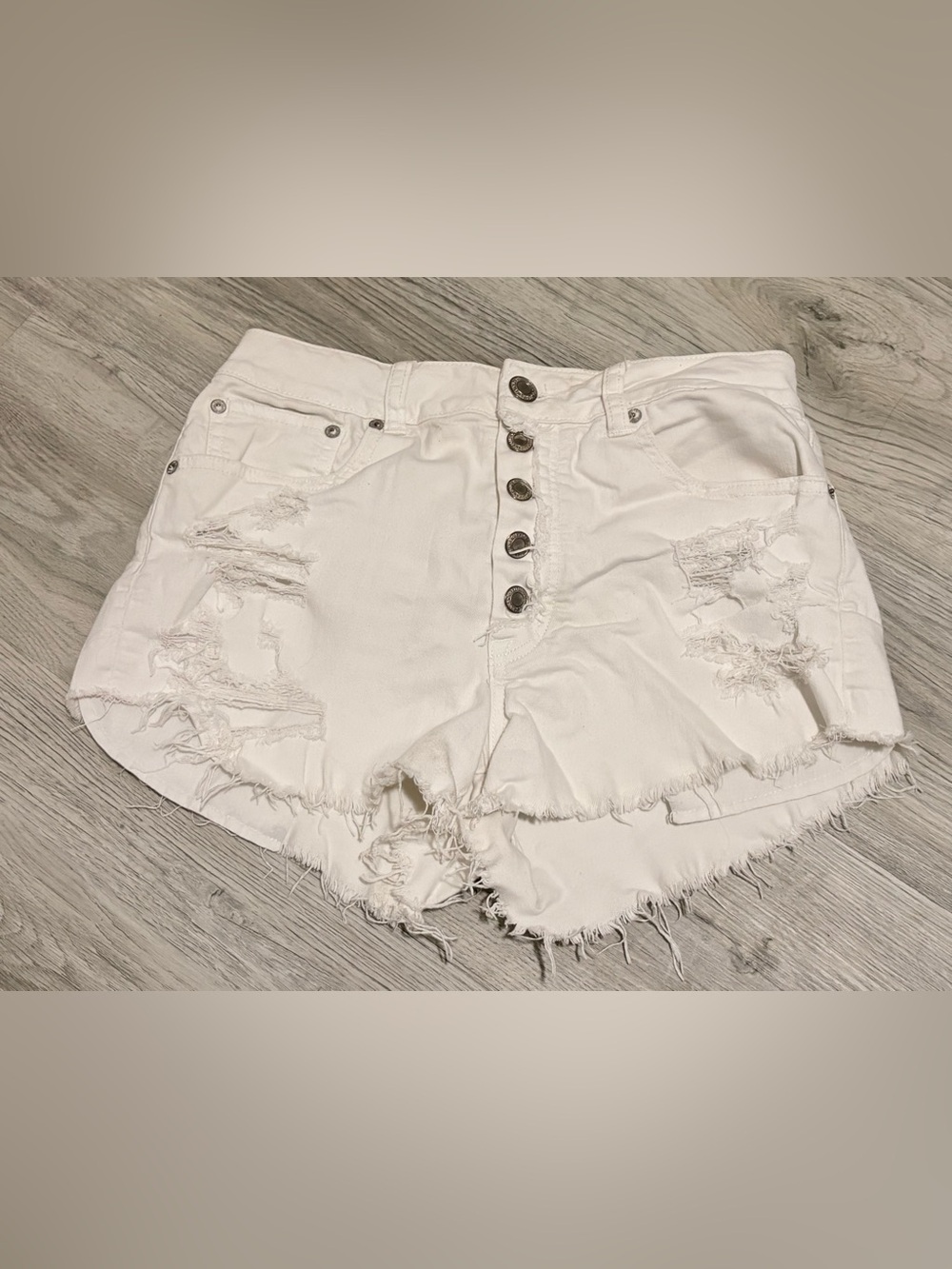 American Eagle Outfitters White Distressed Button-Fly Denim Shorts